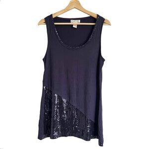 Kenar Navy Blue Geometric‎ Sequin Pattern Scoop Neck Sleeveless Long Tank Top